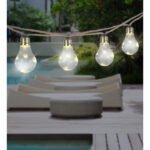 Ghirlanda luminos solar din plastic chihlimbar, frânghie de cânepă maro, 10 becuri, cablu 3m, distanță intre lumini 30 cm, IP44, comutator, LxWxH: 5700x60x106, incl.50xLED 0.06W 3.2V, 3200K