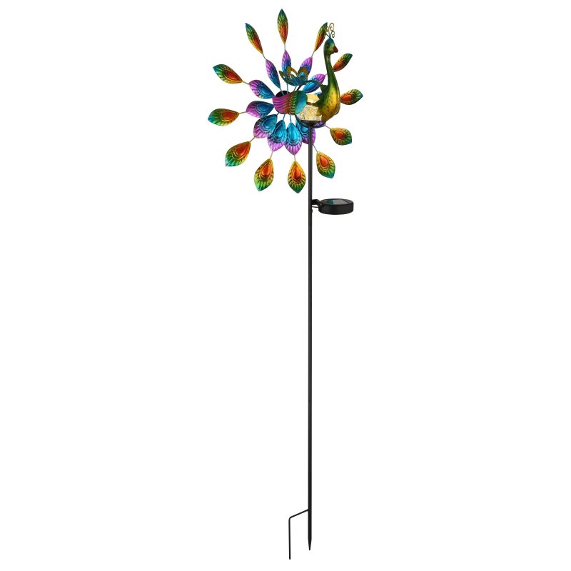 solar-36017-g29924 Lumină solară metal negru mat, plastic negru mat, metal colorat, comutator glisant, IP44, păun pe țepușă la sol, cu roată de vânt, LxWxH: 380x250x1200mm, incl. LED 0.06W 3V, 3000K - imagine 1
