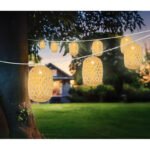 Lumini solare de basm din plastic negru mat, plastic de culoare naturală, comutator de presiune, IP44, lumini de basm cu felinare din rattan, LxWxH: 6500x65x90mm, incl. 8x LED 0.06W 1.2V, 3000K