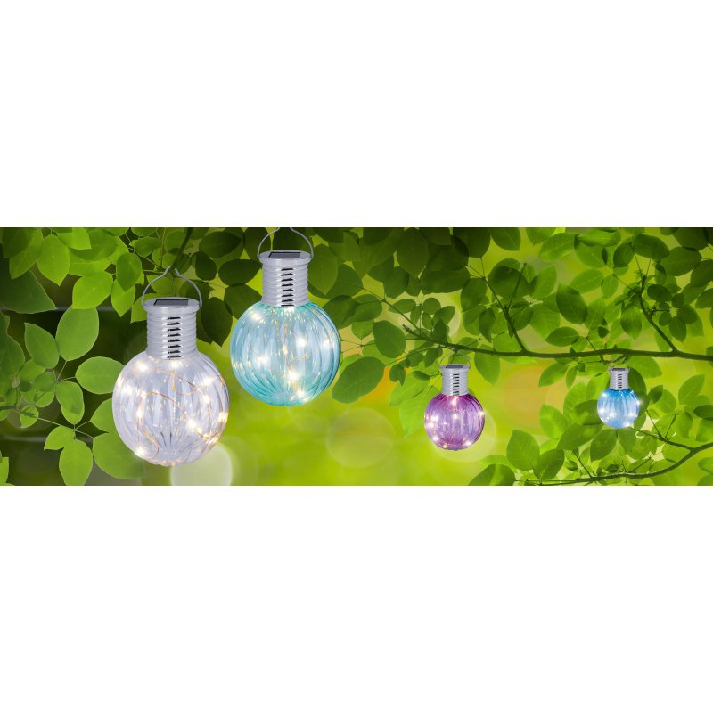 solar-36135-12-g28767-6 Lumină solară metalică argintie, plastic cromat, comutator glisant, IP44, afișaj de 12, culori: 3 x verde, albastru, violet, transparent fiecare, sferă suspendată, ø:80mm, H:135mm, afișaj mixt, 10x LED 0.06W 3V, 3000K - imagine 1