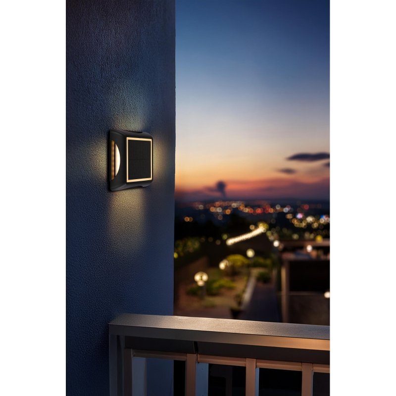solar-36505-g29934-6 Lumină solară aluminiu turnat sub presiune negru mat, plastic negru/opal, comutator cu buton, comutator în trepte, IP65, poate fi utilizată cu vârf de sol sau ca lumină de perete, LxLxH: 140x140x36mm, incl. LED 1.2W 3.7V, 3000K - imagine 1
