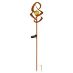 Lampă solară metal ruginie, sticlă chihlimbar, IP44, sculptură la sol cu tepus pamant. - imagine 4