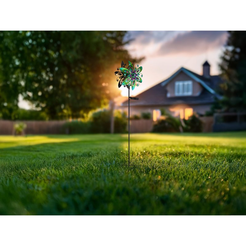 solar-36577-g29378-6 Lumină solară din metal colorat, metal negru mat, glob din sticlă transparentă, cristale din sticlă colorată, comutator glisant, IP44, roată de vânt pe vârf de sol, LxLxH: 320x175x1240mm, incl. LED 0.024W 3V, 3000K - imagine 1