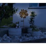 Lumină solară metalică de culoare ruginie, glob de sticlă transparentă, cristale de sticlă galbenă, comutator glisant, IP44, roată de vânt pe vârf de sol, LxWxH: 320x175x1240mm, incl. LED 0.024W 3V, 3000K