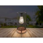 Lampă solară lemn natural, plastic negru mat, plasă metalică neagră mata, plastic transparent, buton, IP44, ø: 120mm, H: 255mm, inclusiv LED 0.06W 3V, 3000K