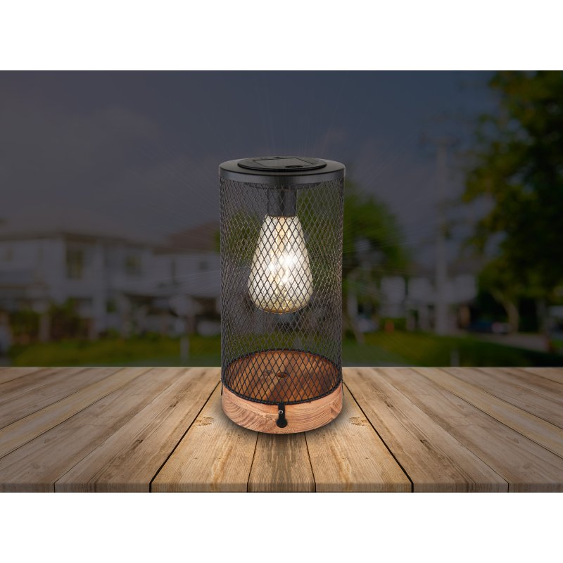 solar-36628-g28059-5 Lampă solară lemn natural, plastic negru mat, plasă metalică neagră mata, plastic transparent, buton, IP44, ø: 120mm, H: 255mm, inclusiv LED 0.06W 3V, 3000K - imagine 1