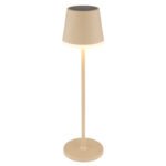 Lampa de masa solară metal/plastic de culoare nisip mat, plastic negru mat, plastic satinat, comutator glisant, baterie inclusă CR18650 1200mAh, IP44, ø:110mm H:410mm, 2 tije, deci 2 înălțimi posibile, 41 cm sau 26 cm, 10x LED 0.06W 3V, 50lm, 3000K