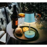 Lumină solară plastic albastru antichizat, oțel inoxidabil, comutator de presiune, reglabil pe înălțime, IP44, lampă de masă cu telescop, ø: 110mm, H: 250mm, incl. 10x LED 0.06W 3V, 3000K