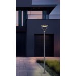 Lampă solară din aluminiu turnat sub presiune gri, oțel inoxidabil argintiu, sticlă transparentă, plastic negru mat, întrerupător treptat, senzor, IP54, ø: 310mm, H: 2047mm, LED 18W 4.08V, 2150lm, 3000K - imagine 3