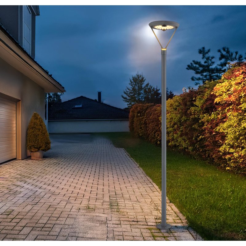 solar-36910-g30544-6 Lampă solară din aluminiu turnat sub presiune gri, oțel inoxidabil argintiu, sticlă transparentă, plastic negru mat, întrerupător treptat, senzor, IP54, ø: 310mm, H: 2047mm, LED 18W 4.08V, 2150lm, 3000K - imagine 1