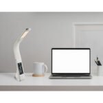 Lampa de birou, din material plastic alb, crom, ceas ,ceas cu alarmă, brat flexibil, 3000-4500-5800K culoare comutabila, touch dimmer, LxWxH: 250x70x505, inclusiv 1xLED 6.5W, 260lm ,230V.