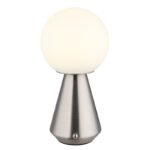 Lampă de masă metal nichel mat, acril opal, cablu PVC alb, touch on/off, dimmer tactil reglabil continu, funcție de memorie, excl. adaptor, USB-A 2.0/USB-C, IP41, ø: 120mm, H: 235mm, incl. LED 1.5W 230V, sursă 160lm, ieșire 140lm, CCT 3000/6500/4500K