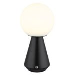 Lampă de masă metal negru mat, acril opal, cablu PVC negru, touch on/off, dimmer tactil reglabil continu, funcție de memorie, excl. adaptor, USB-A 2.0/USB-C, IP41, ø: 120mm, H: 235mm, LED 1.5W 230V, sursă 160lm, ieșire 140lm, CCT 3000/6500/4500K
