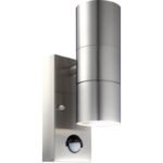 Aplica de exterior din oțel inoxidabil, sticlă transparentă, IP44, Senzor: 100 °, gama de 6m, WxH: 70x215, AL: 110, inclusiv 2xGU10 LED 5W 230V, 210lm, 3000K.