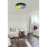 Plafoniera, metal negru, plastic alb, efect curcubeu, functie de memorie, lumina de noapte, reglabila, telecomanda, schimbator si fixare culori, inclusiv 2xAAA, Ø:380, V:75, LED 24W+RGB 6W 230V, sursa 2500lm, 800lm ieșire, 3000-6500K - imagine 2