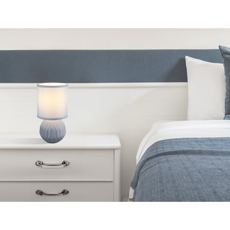 sylas-21730b-g29418-6 Lampă de masă ceramic albastru, textil albastru, cablu PVC alb, comutator basculant pe cablu, ø: 120mm, H: 230mm, lungime cablu 1300mm, excl. 1x E14 40W 230V - imagine 1