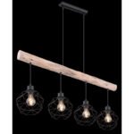 Suspensie metal negru mat, lemn natural, grilă metalică, LxLxH: 850x180x1200, excl. 4xE27 60W 230V - imagine 3
