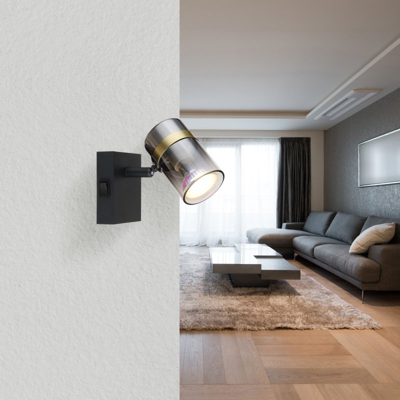 trabby-57916-1-g28421-6 Spotlight metal negru mat, sticlă fumurie, gradient transparent, metal alamă mată, întrerupător pe articol, l x I x A: 70x96x135mm, fără 1x GU10 8W 230V - imagine 1