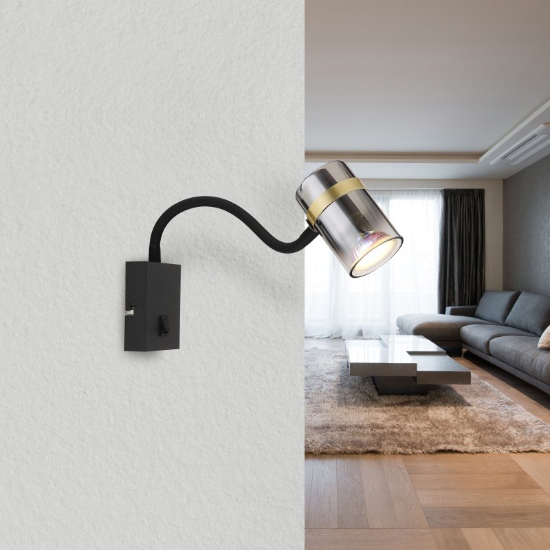 trabby-57916w-g28425-6 Aplică metal negru mat, sticlă fumurie, gradient transparent, metal alamă mată, cablu PVC negru, întrerupător pe articol, flexo, l x I: 70x405, lungime cablu 1500mm, excl. 1x GU10 8W 230V - imagine 1