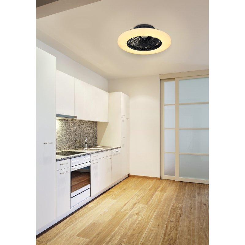 travo-03628b-g27113-6 Ventilator de tavan metal/plastic negru, acrilic alb,reglabil, culorile pot fi fixate, lumina de noapte, temporizator, telecomanda, motor 18W, utilizare pt.25m²,ø:500mm,H:175mm,LED 30W 230V 180lm-1800lm, CCT 3000-6500K, variabilă de la 600-1000 RPM - imagine 1