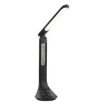 Lampă de birou din plastic negru, ceas, calendar, ceas cu alarmă, cu adaptor, atingeți / opriți, dimabil, inclusiv 3.7V 1200mAh. Li-ion, LxH: 200x425, inclusiv 1xLED 4W 230V, 200lm, 4000K