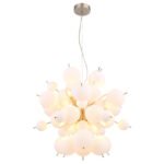 Lampă suspendată metal nichel mat, globuri de sticlă opal, cablu PVC negru, ø: 550mm, H: 1200mm, globuri de sticlă-DM: 24 x 6 cm, 24 x 10 cm, excl. 6x E14 25W 230V