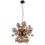 Lampă suspendată metal negru mat, globuri de sticlă de culoare fumurie, cablu PVC negru, înălțimea poate fi scurtată, ø: 550mm, H: 1200mm, globuri de sticlă-DM: 24 x 6 cm, 24 x 10 cm, excl. 6x E14 25W 230V