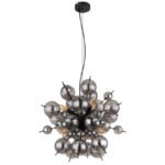 Lampă suspendată metal negru mat, globuri de sticlă de culoare fumurie, cablu PVC negru, înălțimea poate fi scurtată, ø: 550mm, H: 1200mm, globuri de sticlă-DM: 24 x 6 cm, 24 x 10 cm, excl. 6x E14 25W 230V - imagine 4