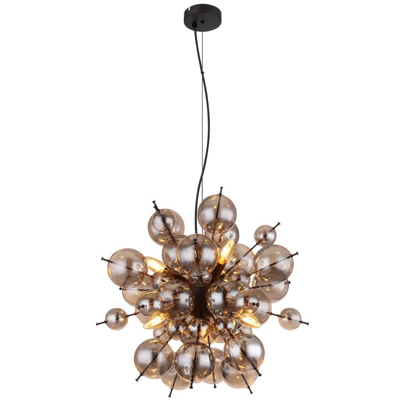 udo-15633hs-g28556 Lampă suspendată metal negru mat, globuri de sticlă de culoare fumurie, cablu PVC negru, înălțimea poate fi scurtată, ø: 550mm, H: 1200mm, globuri de sticlă-DM: 24 x 6 cm, 24 x 10 cm, excl. 6x E14 25W 230V - imagine 1