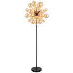 Lampă de podea metal negru mat, metal auriu, globuri de sticlă de culoare chihlimbar, cablu PVC negru, întrerupător cu pedală în cablu, ø: 550mm, H: 1550mm, lungime cablu 1800mm, globuri de sticlă-DM: 24 x 6 cm, 24 x 10 cm, excl. 6x E14 25W 230V