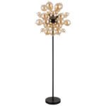 Lampă de podea metal negru mat, metal auriu, globuri de sticlă de culoare chihlimbar, cablu PVC negru, întrerupător cu pedală în cablu, ø: 550mm, H: 1550mm, lungime cablu 1800mm, globuri de sticlă-DM: 24 x 6 cm, 24 x 10 cm, excl. 6x E14 25W 230V - imagine 3