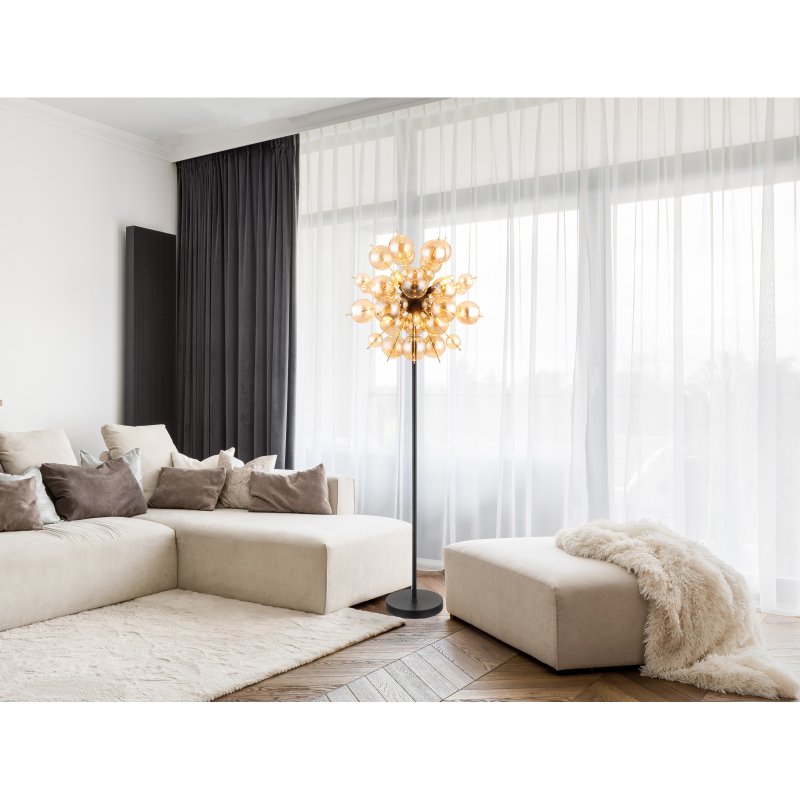 udo-15633sa-g28557-6 Lampă de podea metal negru mat, metal auriu, globuri de sticlă de culoare chihlimbar, cablu PVC negru, întrerupător cu pedală în cablu, ø: 550mm, H: 1550mm, lungime cablu 1800mm, globuri de sticlă-DM: 24 x 6 cm, 24 x 10 cm, excl. 6x E14 25W 230V - imagine 1