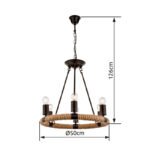 Suspensie metal negru,  din funie de cânepă maro, D: 500, H: 1260, excl 6xE27 40W 230V - imagine 4