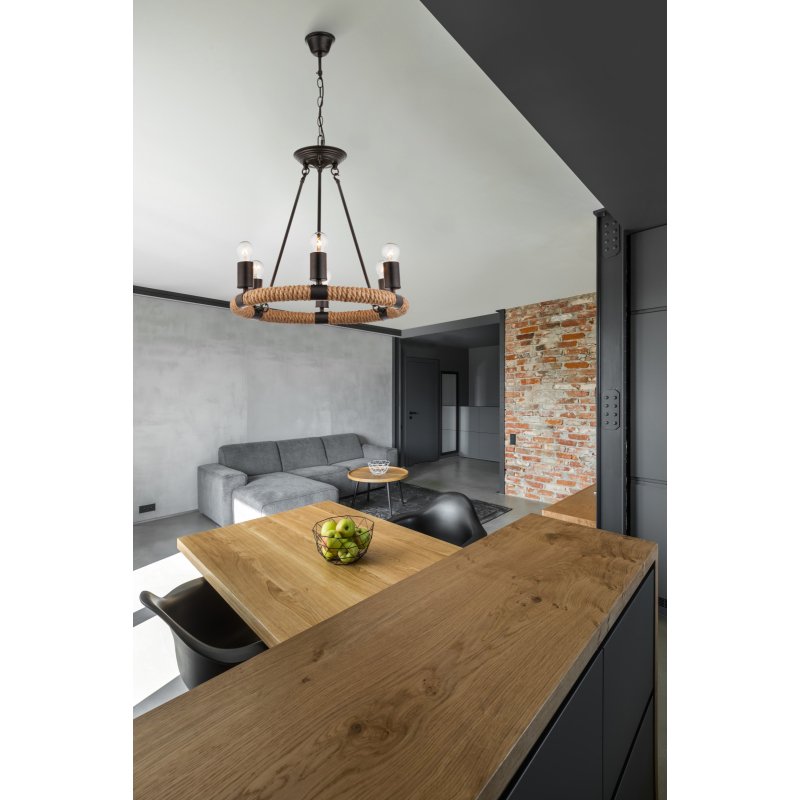 ulleu-69029-6-g21176-4 Suspensie metal negru, din funie de cânepă maro, D: 500, H: 1260, excl 6xE27 40W 230V - imagine 1