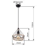 Suspensie metal negru mat, decoratiune funie culoare maro, D:250, H:1500, exkl. 1xE27 40W 230V - imagine 4