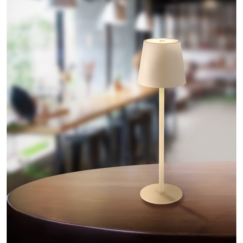 vannie-58438s-g28535-5 Lampă de masă metal color nisip mat, plastic color nisip mat, plastic opal, cablu PVC negru, touch on/off, reglabil, variator tactil continuu, funcție de memorie, USB-A 2.0 - USB-C, baterie inclusă CR18650 1800mAh 3.7V , IP44, 3000K - imagine 1