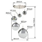 Suspensie nichel mat, sticla crom transparent, 5 sfere cu DM: 2x15-20-25-33 cm, D: 650, H: 1500, excl 3xE27 40W 230V, 230V 25W 2xE27 Illu. - imagine 6