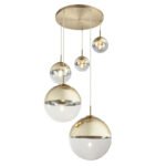 Suspensie ,metal auriu mat, sticla auriu transparent, 5 sfere cu DM: 2x15-20-25-33 cm, D: 650, H: 1500, excl 3xE27 40W 230V, 230V 25W 2xE27 Illu.