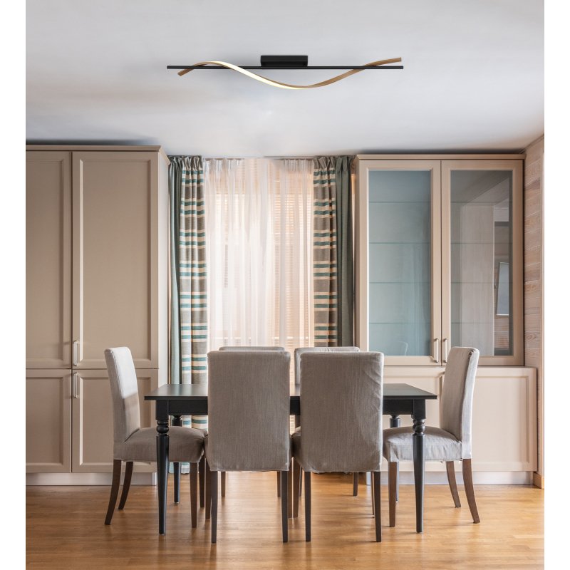 watkins-67354d-g29893-6 Plafonieră metal negru mat, aluminiu cu efect de lemn închis, plastic opal, LxLxH: 1150x140x170mm, incl. LED 20.5W 230V, sursă 2570lm, ieșire 1085lm, 3000K - imagine 1