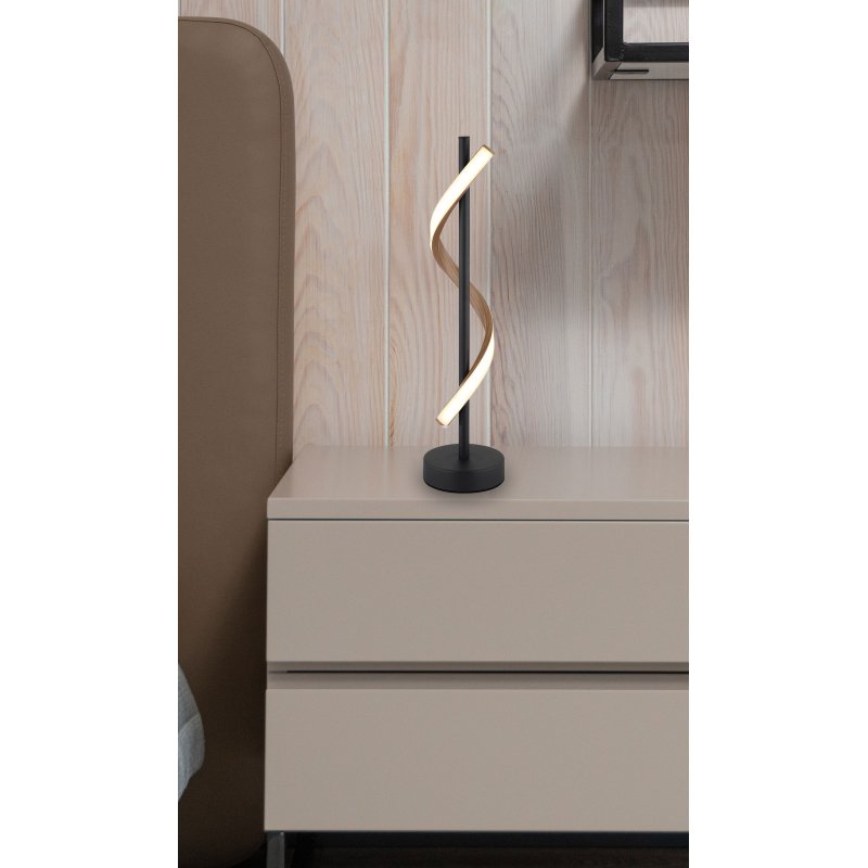watkins-67354t-g29896-6 Lampă de masă metal negru mat, aluminiu întunecat cu efect de lemn, plastic opal, cablu PVC negru, comutator basculant pe cablu, ø: 155mm, H: 493mm, lungime cablu 1800mm, incl. LED 12.5W 230V, sursă 1380lm, ieșire 540lm, 3000K - imagine 1