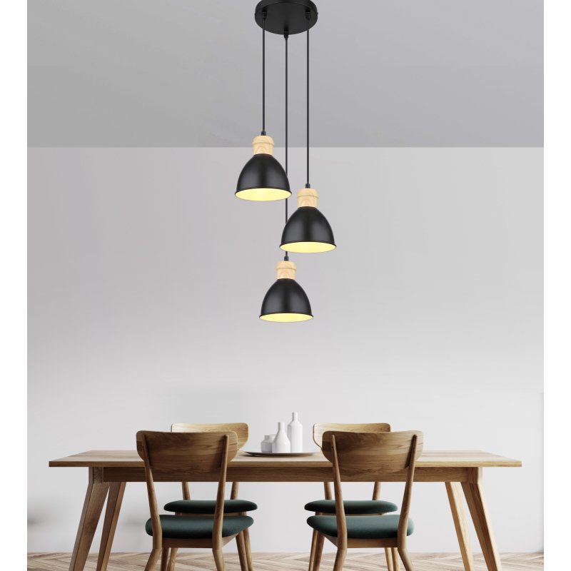 wiho-54018-3hs-g27377-5 Suspensie metal negru mat, metal negru mat, alb, metal aspect lemn închis, cablu PVC negru, ø: 200mm, H: 1200mm, excl 3x E27 40W 230V - imagine 1