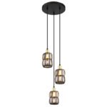 Suspensie metal negru mat, cristal fumuriu, cablu PVC negru, ø: 250mm, H: 1200mm, excl. 3x E14 40W 230V