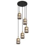 Suspensie metal negru mat, cristal fumuriu, cablu PVC negru, ø: 300mm, H: 1200mm, excl. 5x E14 40W 230V