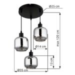 Lampa suspendata metal negru mat, sticlă fumurie, opală, cablu PVC negru, înălțimea poate fi scurtată, ø: 350mm, H: 1200mm, excl. 3x E27 25W 230V - imagine 6