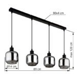 Suspensie metal negru mat, sticlă fumurie, opală, cablu PVC negru, înălțimea poate fi scurtată, LxLxA: 890x140x1200mm, excl. 4x E27 25W 230V - imagine 6