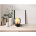 Lampă de masă metal negru mat, sticlă fumurie, opală, cablu PVC negru, comutator basculant pe cablu, ø: 140mm, H: 170mm, lungime cablu 1500mm, excl. 1x E27 25W 230V