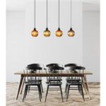 Lampă suspendată din metal negru mat, globuri de sticlă, cablu PVC negru, înălțimea poate fi scurtată, culori sticlă: 1 x verde, 2 x bronz, 1 x petrol, sticla este albă în interior, LxLxA: 900x150x1200mm, fără 4x E27 25W 230V - imagine 2