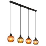 Lampă suspendată din metal negru mat, globuri de sticlă, cablu PVC negru, înălțimea poate fi scurtată, culori sticlă: 1 x verde, 2 x bronz, 1 x petrol, sticla este albă în interior, LxLxA: 900x150x1200mm, fără 4x E27 25W 230V
