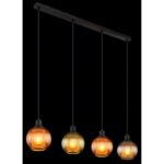 Lampă suspendată din metal negru mat, globuri de sticlă, cablu PVC negru, înălțimea poate fi scurtată, culori sticlă: 1 x verde, 2 x bronz, 1 x petrol, sticla este albă în interior, LxLxA: 900x150x1200mm, fără 4x E27 25W 230V - imagine 3