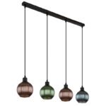 Lampă suspendată din metal negru mat, globuri de sticlă, cablu PVC negru, înălțimea poate fi scurtată, culori sticlă: 1 x verde, 2 x bronz, 1 x petrol, sticla este albă în interior, LxLxA: 900x150x1200mm, fără 4x E27 25W 230V - imagine 4